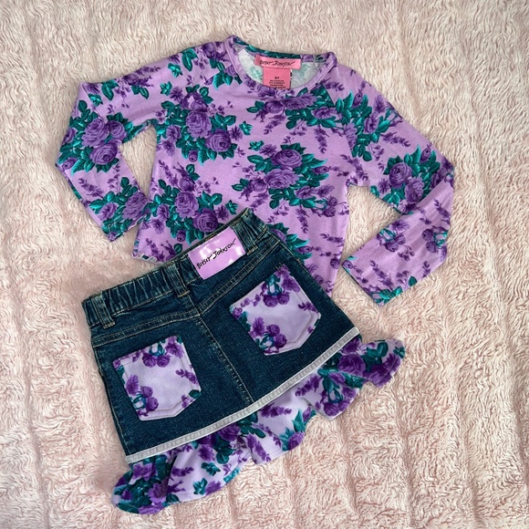 Betsey Johnson Skirt Top Set Denim Velvet Ruffle Lavender Girls 3T Roses Vintage - Picture 3 of 8